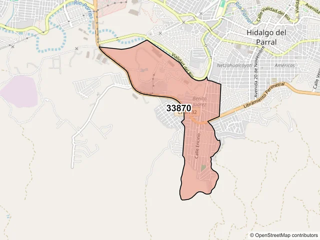 Mapa del código postal 33870, Hidalgo del Parral, Chihuahua