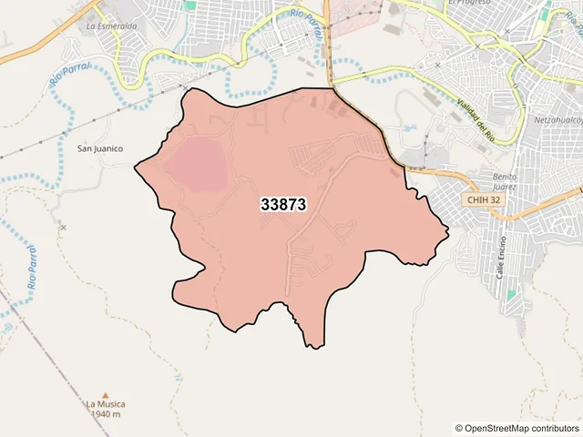 Mapa del código postal 33873, Hidalgo del Parral, Chihuahua