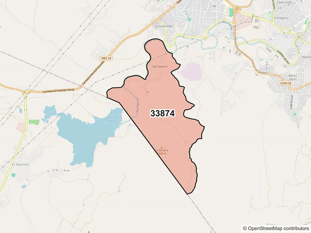 Mapa del código postal 33874, Hidalgo del Parral, Chihuahua