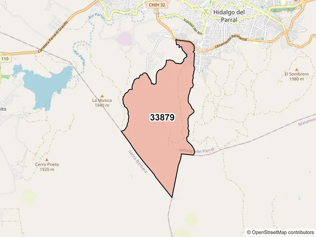 Mapa del código postal 33879, Hidalgo del Parral, Chihuahua