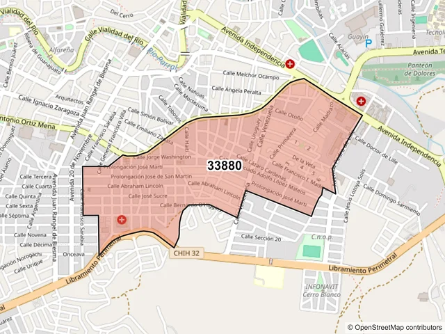 Mapa del código postal 33880, Hidalgo del Parral, Chihuahua