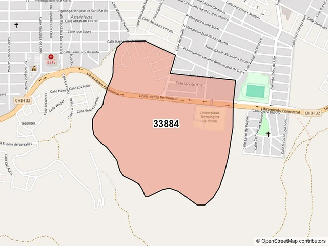 Mapa del código postal 33884, Hidalgo del Parral, Chihuahua