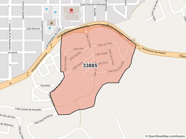 Mapa del código postal 33885, Hidalgo del Parral, Chihuahua