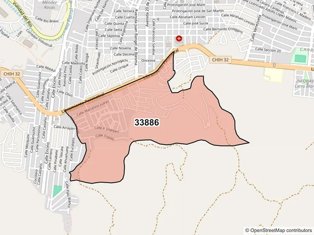 Mapa del código postal 33886, Hidalgo del Parral, Chihuahua