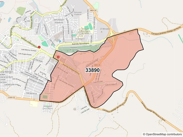 Mapa del código postal 33890, Hidalgo del Parral, Chihuahua