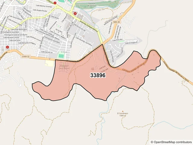 Mapa del código postal 33896, Hidalgo del Parral, Chihuahua