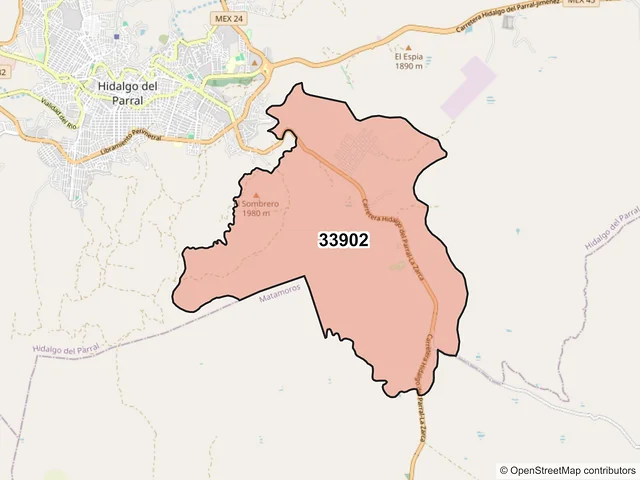 Mapa del código postal 33902, Hidalgo del Parral, Chihuahua