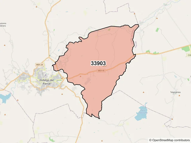 Mapa del código postal 33903, Hidalgo del Parral, Chihuahua