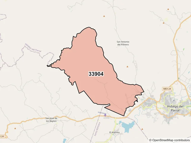 Mapa del código postal 33904, Hidalgo del Parral, Chihuahua
