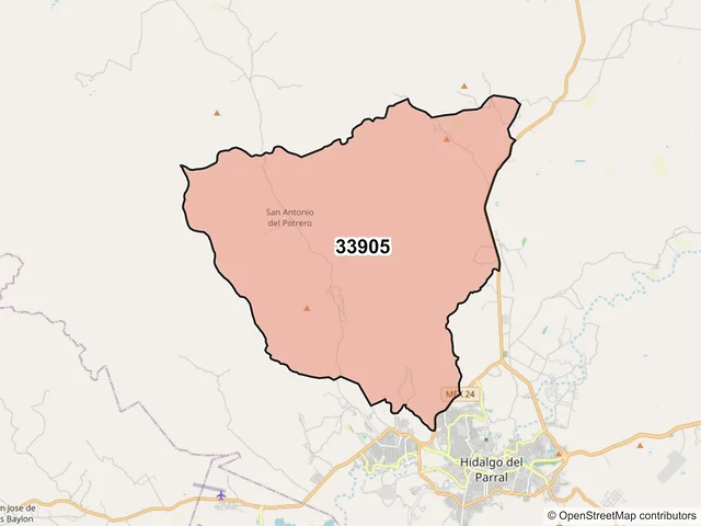 Mapa del código postal 33905, Hidalgo del Parral, Chihuahua