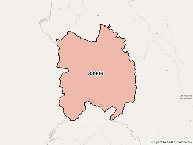 Mapa del código postal 33906, Hidalgo del Parral, Chihuahua