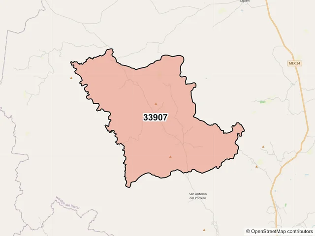 Mapa del código postal 33907, Hidalgo del Parral, Chihuahua