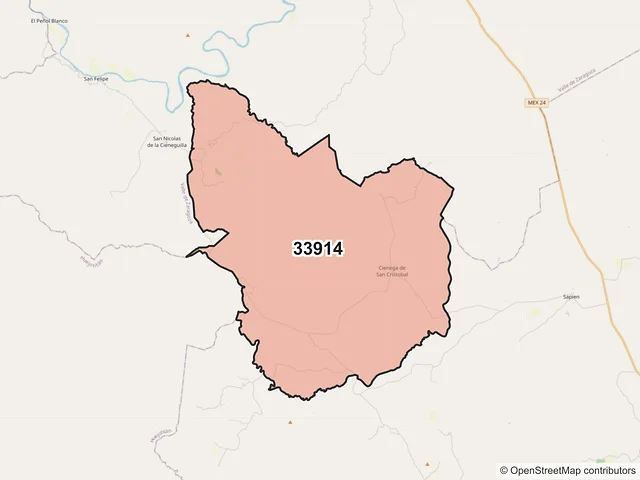 Mapa del código postal 33914, Hidalgo del Parral, Chihuahua