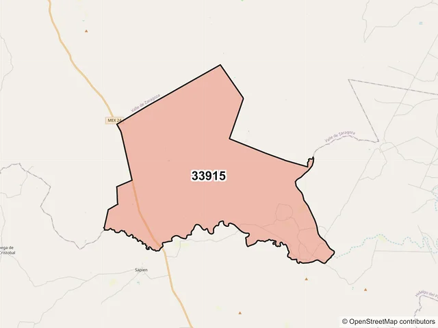 Mapa del código postal 33915, Hidalgo del Parral, Chihuahua