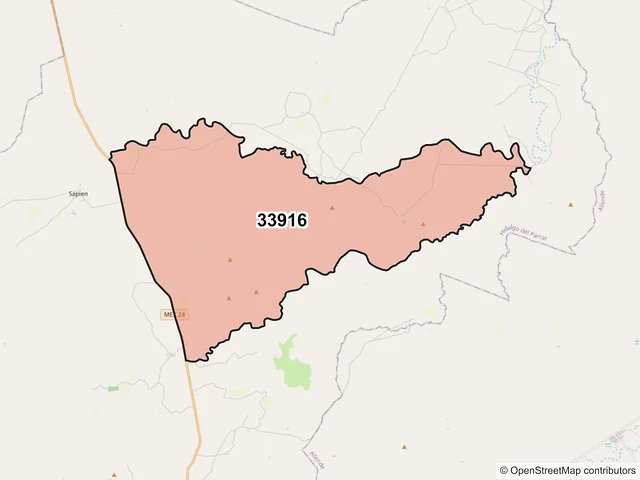 Mapa del código postal 33916, Hidalgo del Parral, Chihuahua