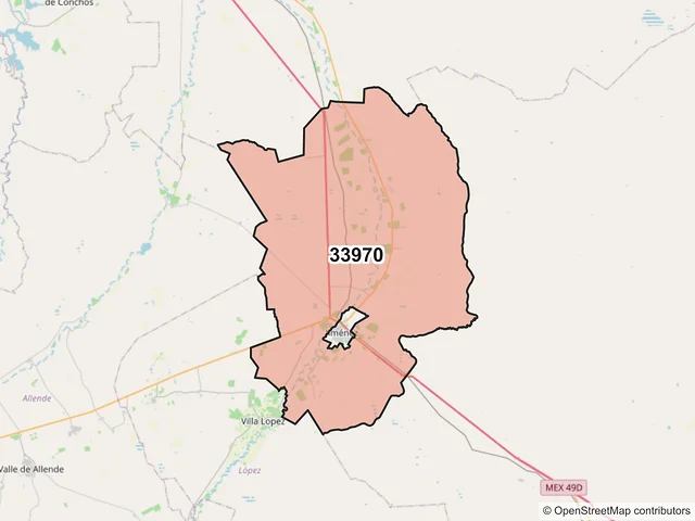 Mapa del código postal 33970, Jiménez, Chihuahua