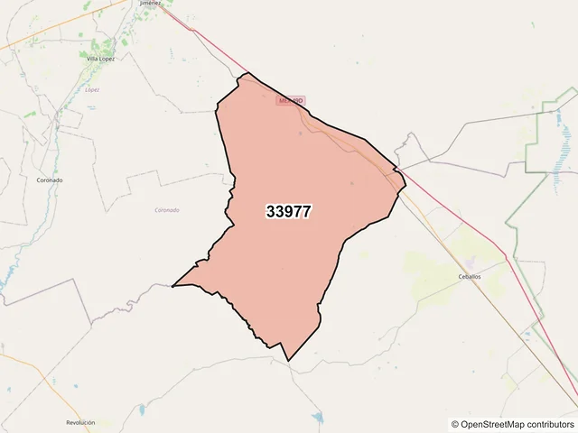 Mapa del código postal 33977, Jiménez, Chihuahua