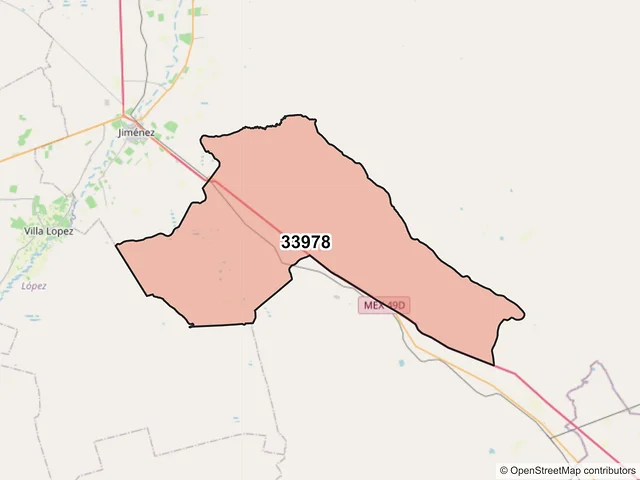 Mapa del código postal 33978, Jiménez, Chihuahua
