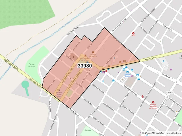 Mapa del código postal 33980, Jiménez, Chihuahua