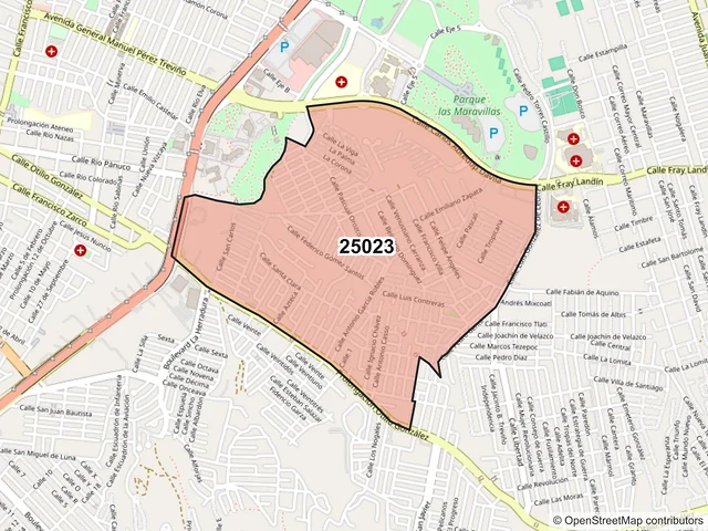 Mapa del código postal 25023, Saltillo, Coahuila de Zaragoza