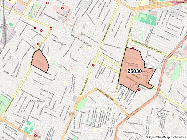 Mapa del código postal 25030, Saltillo, Coahuila de Zaragoza