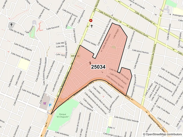 Mapa del código postal 25034, Saltillo, Coahuila de Zaragoza