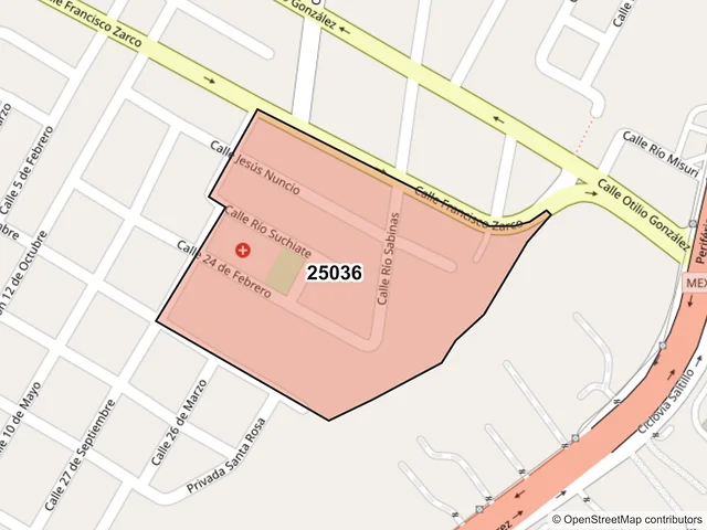 Mapa del código postal 25036, Saltillo, Coahuila de Zaragoza