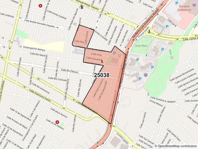 Mapa del código postal 25038, Saltillo, Coahuila de Zaragoza