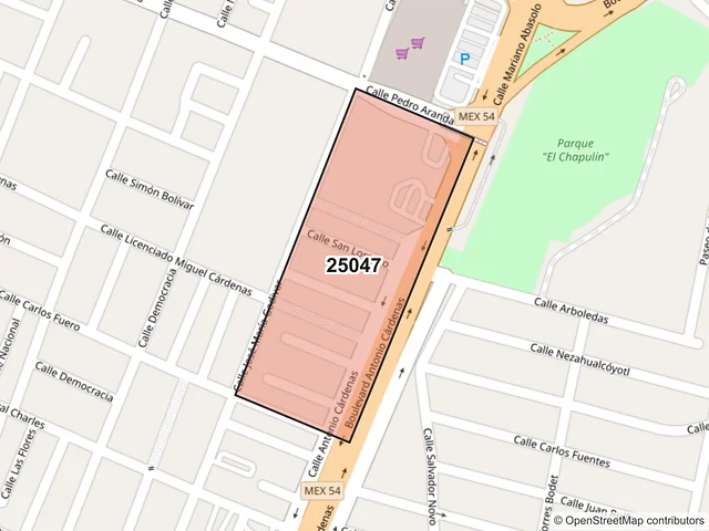 Mapa del código postal 25047, Saltillo, Coahuila de Zaragoza