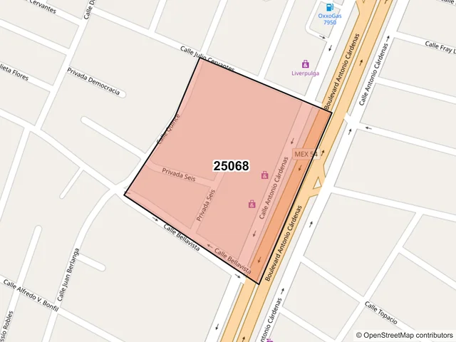 Mapa del código postal 25068, Saltillo, Coahuila de Zaragoza