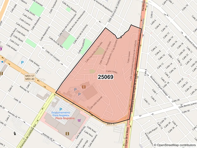 Mapa del código postal 25069, Saltillo, Coahuila de Zaragoza