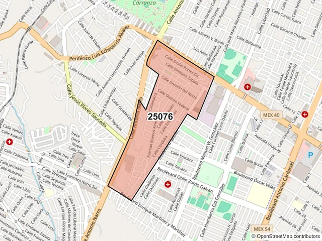 Mapa del código postal 25076, Saltillo, Coahuila de Zaragoza