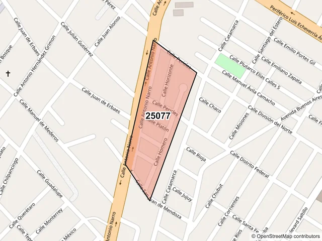 Mapa del código postal 25077, Saltillo, Coahuila de Zaragoza