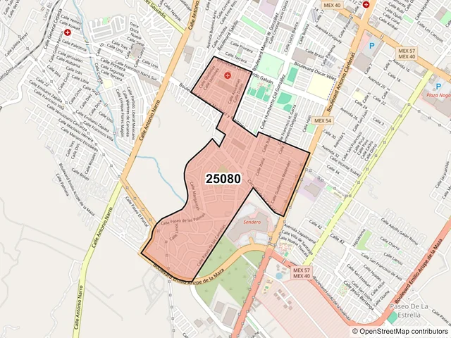 Mapa del código postal 25080, Saltillo, Coahuila de Zaragoza