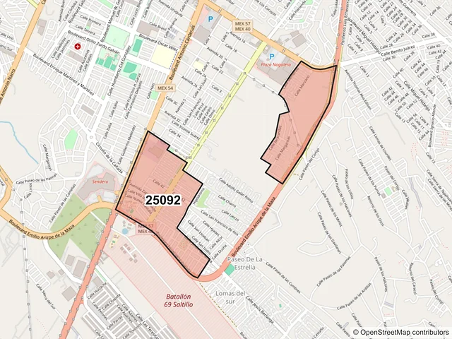 Mapa del código postal 25092, Saltillo, Coahuila de Zaragoza