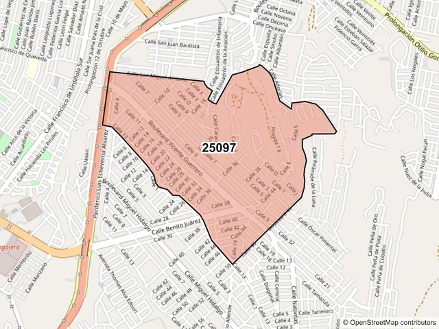 Mapa del código postal 25097, Saltillo, Coahuila de Zaragoza