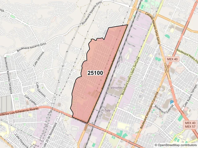 Mapa del código postal 25100, Saltillo, Coahuila de Zaragoza