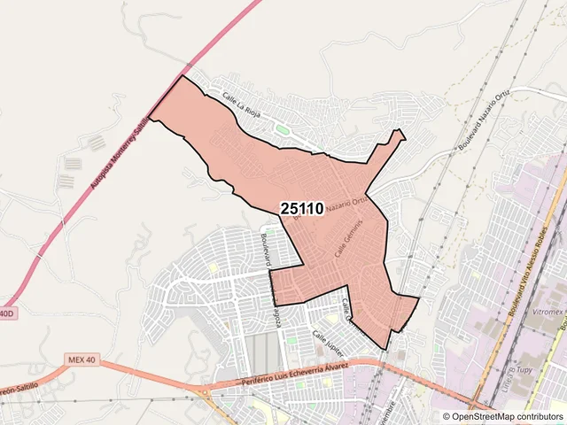 Mapa del código postal 25110, Saltillo, Coahuila de Zaragoza