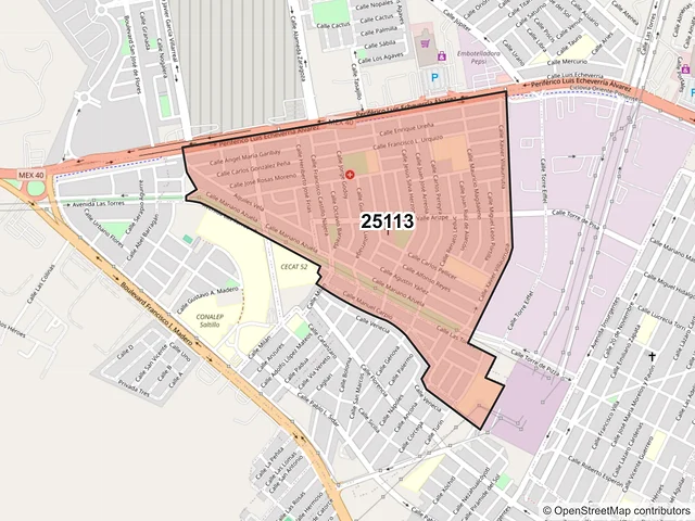 Mapa del código postal 25113, Saltillo, Coahuila de Zaragoza