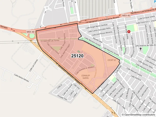Mapa del código postal 25120, Saltillo, Coahuila de Zaragoza