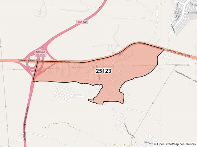 Mapa del código postal 25123, Saltillo, Coahuila de Zaragoza
