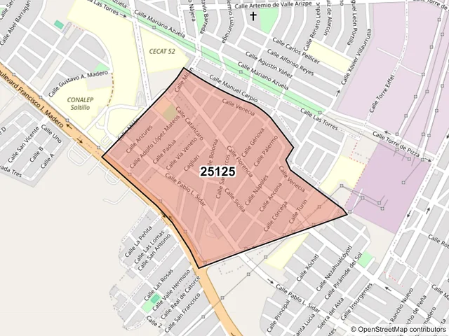 Mapa del código postal 25125, Saltillo, Coahuila de Zaragoza