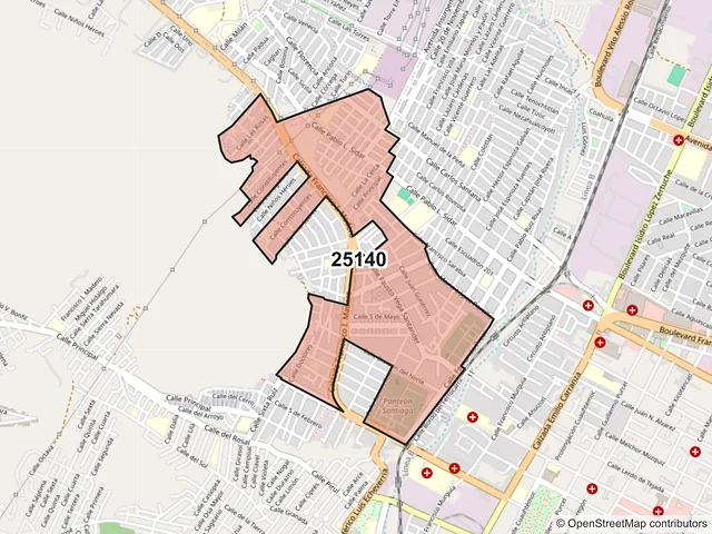 Mapa del código postal 25140, Saltillo, Coahuila de Zaragoza
