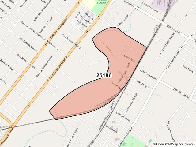 Mapa del código postal 25186, Saltillo, Coahuila de Zaragoza