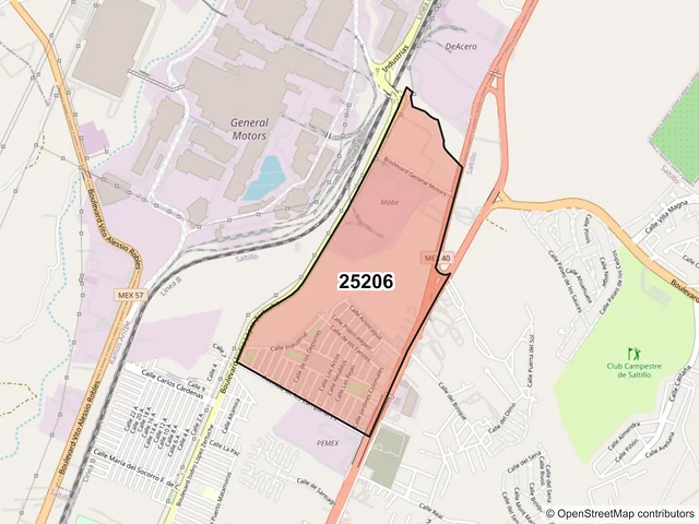 Mapa del código postal 25206, Saltillo, Coahuila de Zaragoza