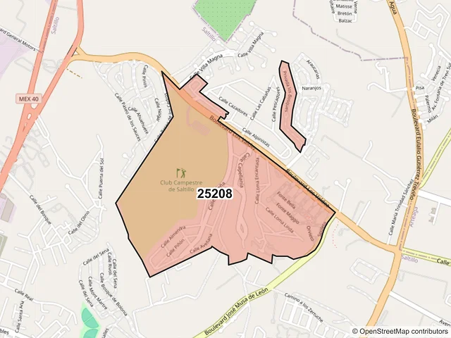 Mapa del código postal 25208, Saltillo, Coahuila de Zaragoza