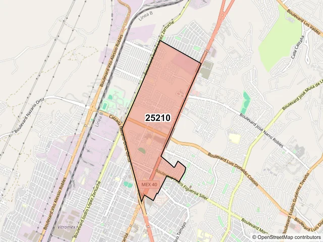 Mapa del código postal 25210, Saltillo, Coahuila de Zaragoza