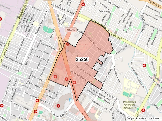 Mapa del código postal 25250, Saltillo, Coahuila de Zaragoza
