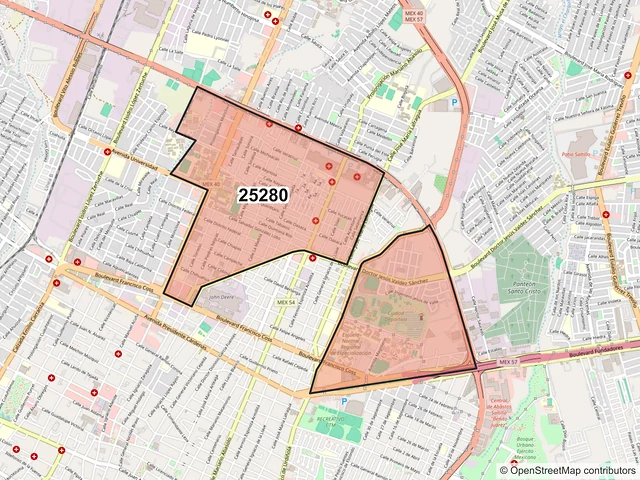 Mapa del código postal 25280, Saltillo, Coahuila de Zaragoza