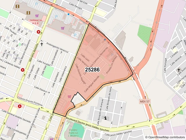 Mapa del código postal 25286, Saltillo, Coahuila de Zaragoza